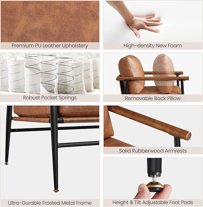 Yaheetech Accent Chair Set of 2 PU Leather Living Room Chair Back Pillow Modern Lounge Chair Wooden Arms Metal Frame Bedroom Waiting Room Retro Brown