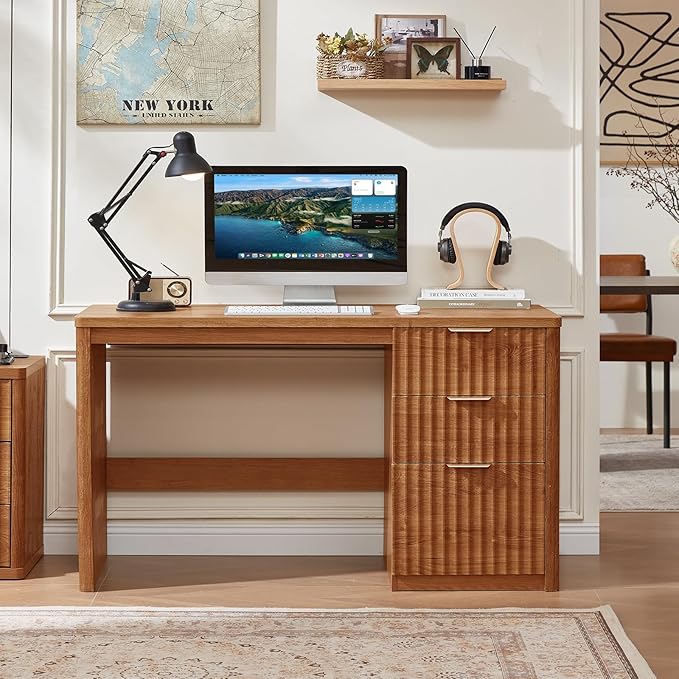 LEYAOYAO Office Desk 48 with 3 Drawers Storage File Cabinet Wood Fluted Desk for Computer Office Bedroom Home Furniture Tea Brown