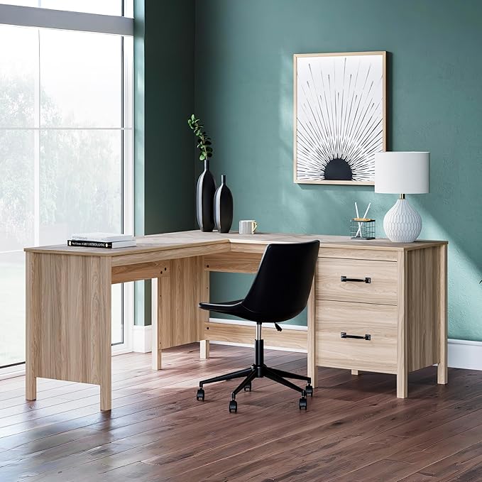 Signature Design by Ashley Battelle Casual L-Shaped Chevron Pattern 60 Home Office Desk with Return Drawer and Cabinet Light Brown
