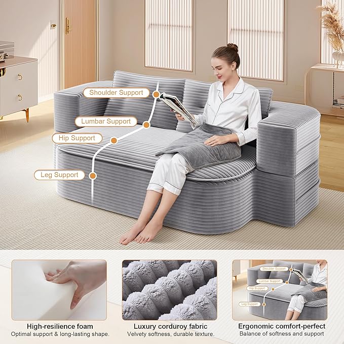 78.7'' Convertible Sleeper Sofa Corduroy Floor Foam Compression Loveseat Sofa Bed Couch Modern Folding Futon Couch Foldable Full Size Guest Bed with 2 Pillows and Blanket for Living Room (Gray)
