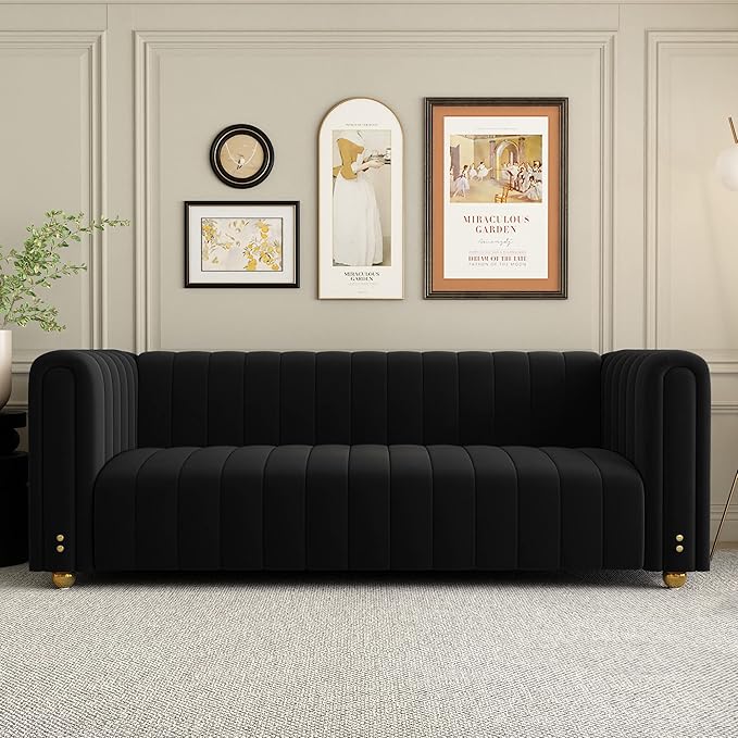 Emerald Green Velvet Couch 80 Inch Wide Mid-Century Modern Sofa Velvet Tufted Upholstered Velvet Sofa Love Seats Sofa with Golden Leg 3 Seat Sofa Big Comfy Couch Sofas for Livingroom (BlackA)