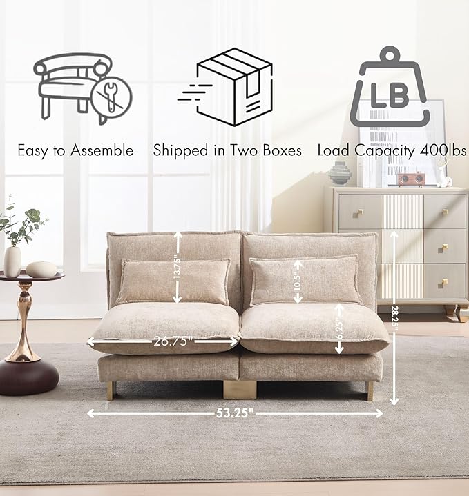 Small Modular Sofa Armless Loveseat Modern 2-Seats Mini Sofa Couch with Pillows Convertible Love Seat with Gold Legs for Small Spaces Living Room Oatmeal Chenille