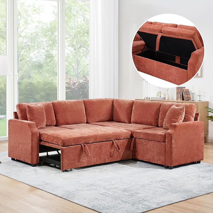 81.9 Sectional Sofa Convertible Pull-Out Sofa Bed Upholstered L-Shaped Sofa Couch with a Sofa Sleeper and a Hidden Storage Compartment for Living Room Apartment (Orange-7.2)