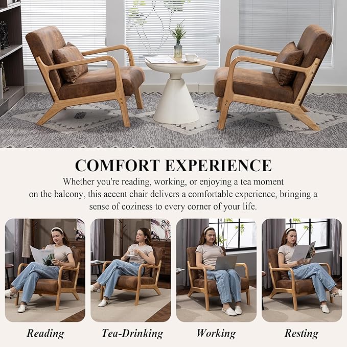 Minimalist Accent Chair Gold-Foiled Fabric Upholstered Mid-Century Modern Chair with Pillow Lounge Arm Chair with High Backrest Comfy Reading Chair for Living Room Balcony (Brown)