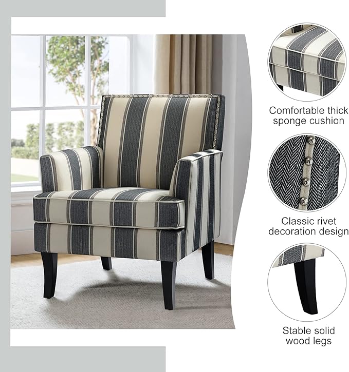 HULALA HOME Living Room Armchair Farmhouse Striped Accent Reading Chair with Wooden Legs &amp High Back Rest &amp Padded Armrest &amp Nail Head Trim for Lounge/Bedroom Striped Black