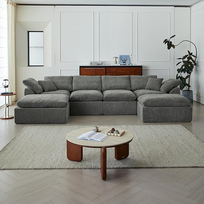 138 Cloud Sectional Couches for Living Room Convertible U-Shape Boneless Couch with Ottoman 6-Seater Compressed Sofa Modular Sectional Sofa (6-Seater Grey)