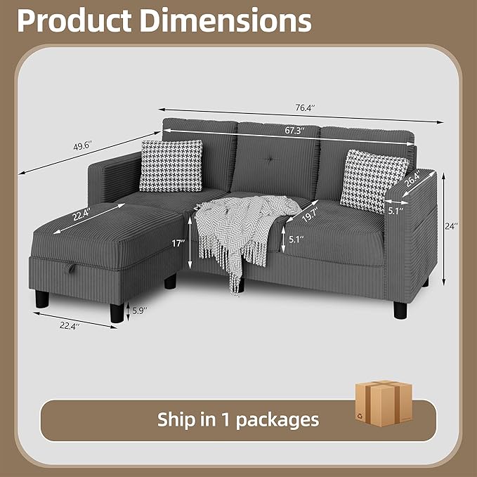 JAMFLY Convertible Sectional Couches for Living Room L-Shaped Couch 3 Seat Sectional Sofa Set with Corduroy Fabric and Movable Ottoman Small Couch for Apartments Office（Dark Grey）