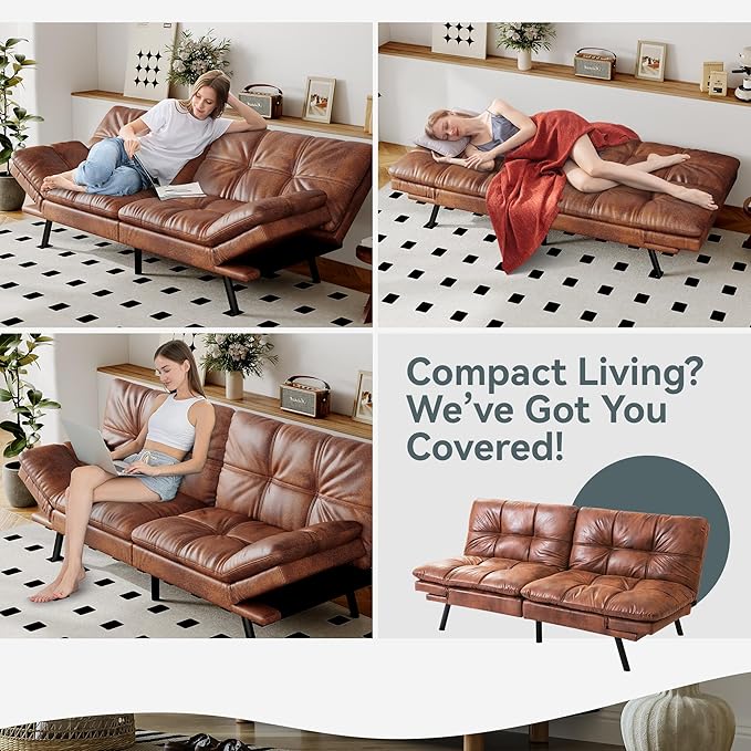 Opoiar Convertible Futon Sofa Bed Brown Faux Leather Futon Couch with Adjustable Backrest &amp Armrests Folding Small Recliner Sleeper Sofa Bed for Living Room Apartment Office