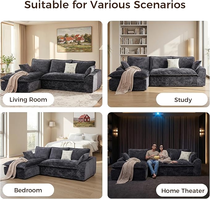 103”Modular Sectional SofaUpholstered Boneless Couch for Living Room BedroomModern Modular L-Shaped Chaise CouchCloud Sectional Sofa with Deep Seat (BlackLeft Facing Chaise)