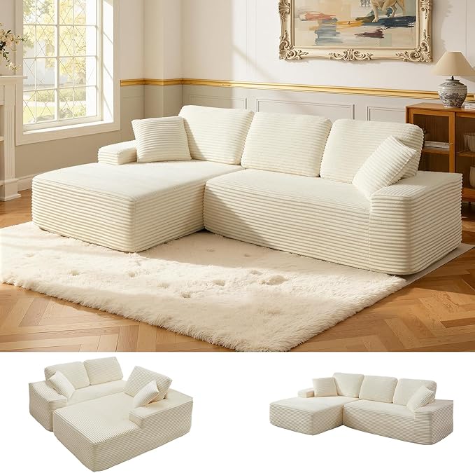 109.4” Modular Sectional Sofa Convertible Sofa Bed No Assembly Required Cloud Couch with Deep Seat Modern L-Shaped Boneless Sofa for Living Room (Beige)