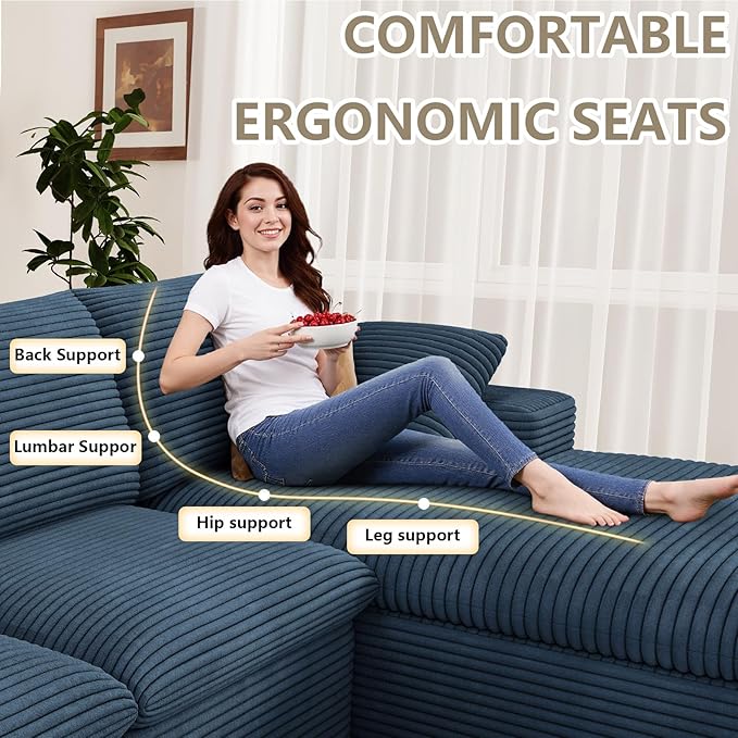 107 Cloud Couch Modular Sectional Couchs with Chaise Lounge L-Shape Boneless Couches for Living Room Corduroy Sofa with Deep Seat No Assembly Required (Blue Right Facing Chaise)