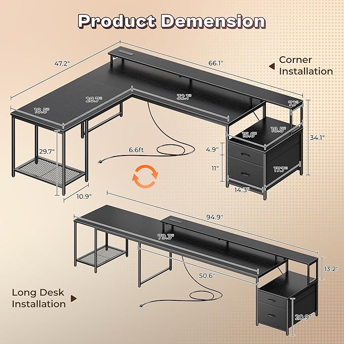 PRAISUN 66 L Shaped Gaming Desk with LED Lights &amp Power Outlets Computer Desk with Fabric Drawers and Print Stand Corner Office Desk Monitor Stand Mesh CPU Stand Black