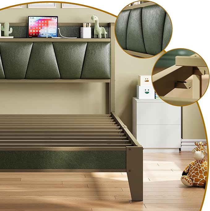 LIKIMIO Twin XL Bed Frame Storage Headboard with Charging Station Solid and Stable Noise Free No Box Spring Needed Easy Assembly (Dark Green)