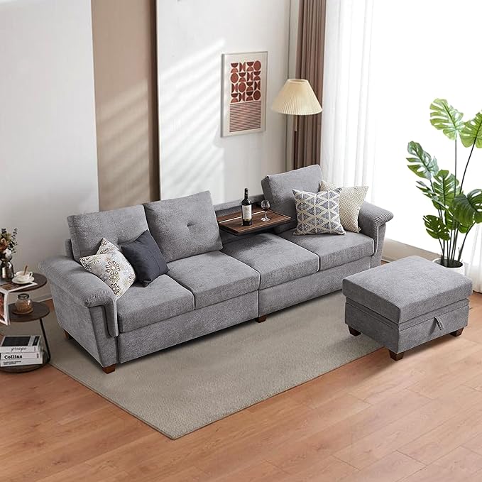 4-Seat Sectional Couches for Living Room Bedroom Office with Storage L Shape Convertible Sectional Sofa Couch with Ottoman and Cup Holders Light Grey