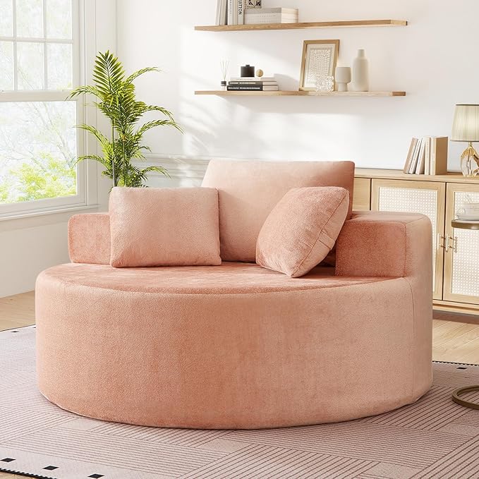 Modern Round Accent Sofa Chair for Living Room Upholstered Soft Terrycloth Barrel Lounge Arm Chair with Large seat&ampThrow Pillows for Bedroom Office Apartment Pink