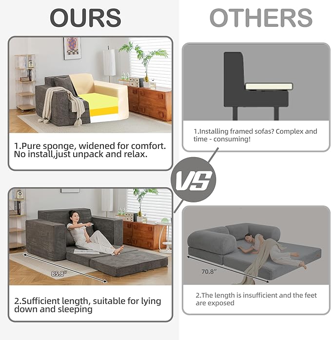 HOMREST 63 Convertible Memory Foam Loveseat Sofa Pull Out Sleeper Sofa Bed 2 in 1 Folding Couch Bed Fold Out Floor Couch Corduroy Fabric with 2 Pillows for Living Room Bedroom Lounge (Grey)