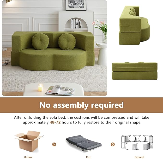 2-in-1 Folding Sofa Bed with Pillow No Assembly Futon Twin Size Sofa Bed Breathable Linen-Cotton Convertible Couch Bed for Living Room and Guest Room 75.5 InchGreen