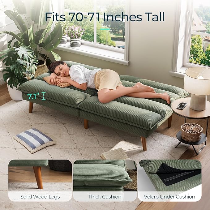 LINSY Futon Sofa Bed: Corduroy Futon Couch with Adjustable Backrest Comfy Loveseat Convertible Folding Sleeper Sofa Couches for Small Spaces Living Rooms Apartment Office Green