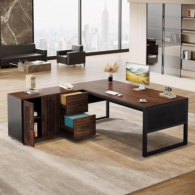 Tribesigns 63-Inch L-Shaped Executive Desk with Mobile File Cabinet Large Office Computer Desk Business Furniture Table with Drawers and Storage Shelves for Home Office Dark Walnut &amp Black