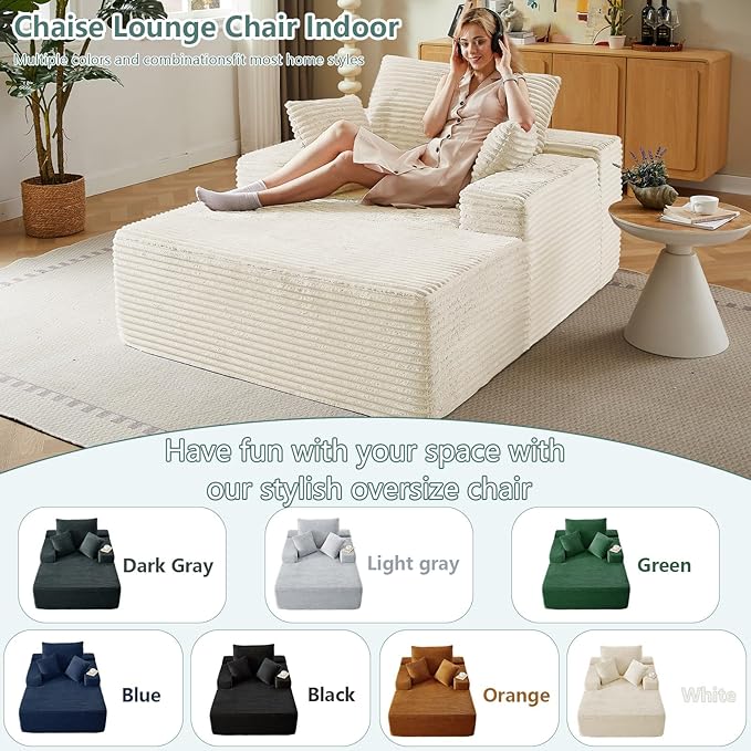 50 Oversized Chaise Lounge Chair IndoorCorduroy Boneless Reading Chair with 3 PillowsDeep Seat Cloud Sofa BedComfy Modern Sleeper Chairs in Box for Living Room BedroomNo Assembly(White)