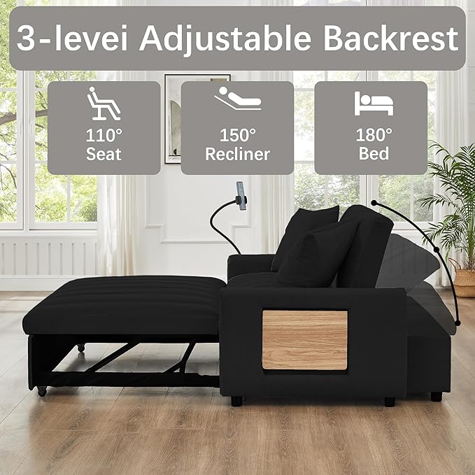 3-in-1 Convertible Sleeper Sofa with Integrated USB &amp Type-C Charging Station Modern Pull-Out Bed Loveseat for Living Room Comfy Fabric with Side Pocket Easy Assembly(Black) | Phone Stand USB