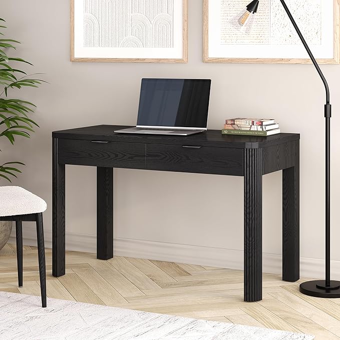 Henn&ampHart 48 Fluted Modern Rectangular Wooden Home Office Desk Computer Desk Writing Table with Ribbed Legs and 2 Storage Drawers for Bedroom Living Room or Home Office Natural Black