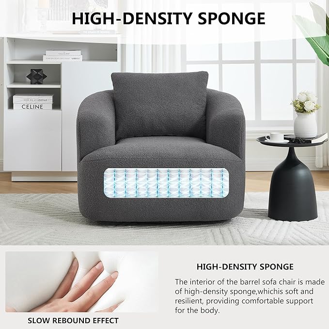 360° Rotating Round Plush Chair with Removable Pillow - High-Resilience Foam &amp Spring Support No-Assembly Teddy Velvet Armless Sofa for Living Room/Bedroom (Dark Grey)