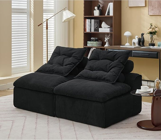 2 Seats Modular Sectional Couches with Neck Pillow &amp Backrest Corduroy Armless Upholstered Loveseat Sofa Chair for Living Room Apartment At Will DIY (Black)