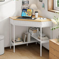 Small Corner Desk with Rotating Drawer &amp Open Shelves Triangle Study Writing Table with Circular Pattern Compact Computer Desk for Home Office White &amp Brown
