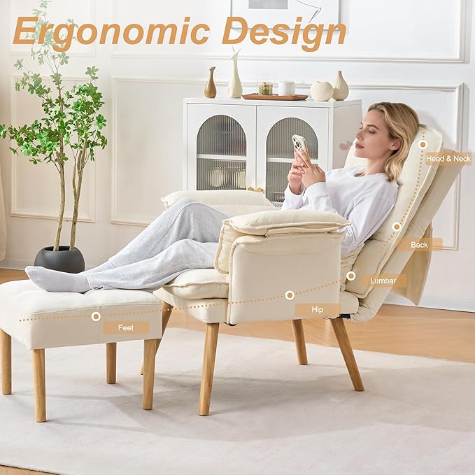 Accent Chair with Ottoman Comfy Living Room Chair with Adjustable Backrest Upholstered Lounge Chair with Removable Cushion for Living Room BedroomBeige