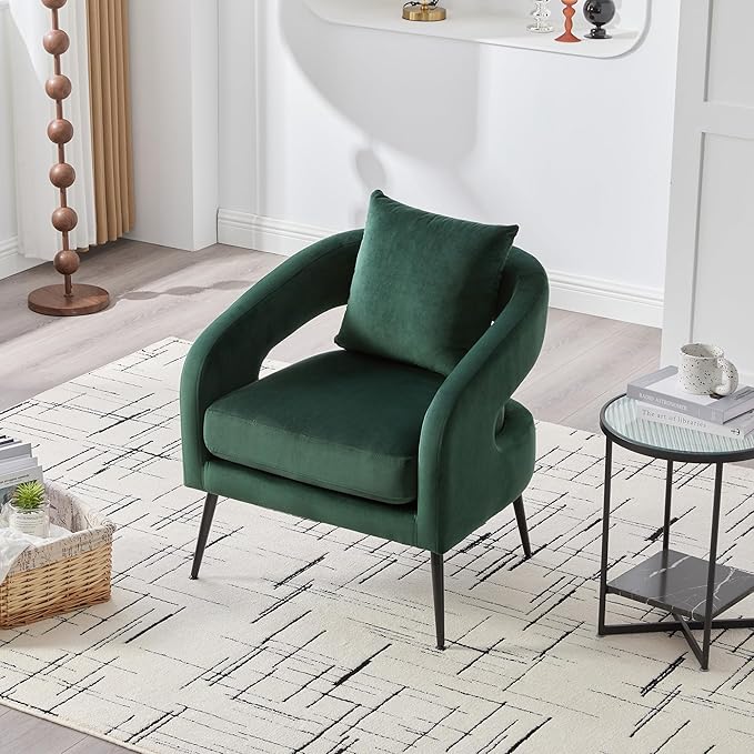 Mid Century Modern Accent Armchair - Velvet Upholstery with Removable CushionRound Arms &amp Sturdy Metal LegsComfortable Reading Chair for Living RoomBedroomApartment - Green FabricBlack Legs