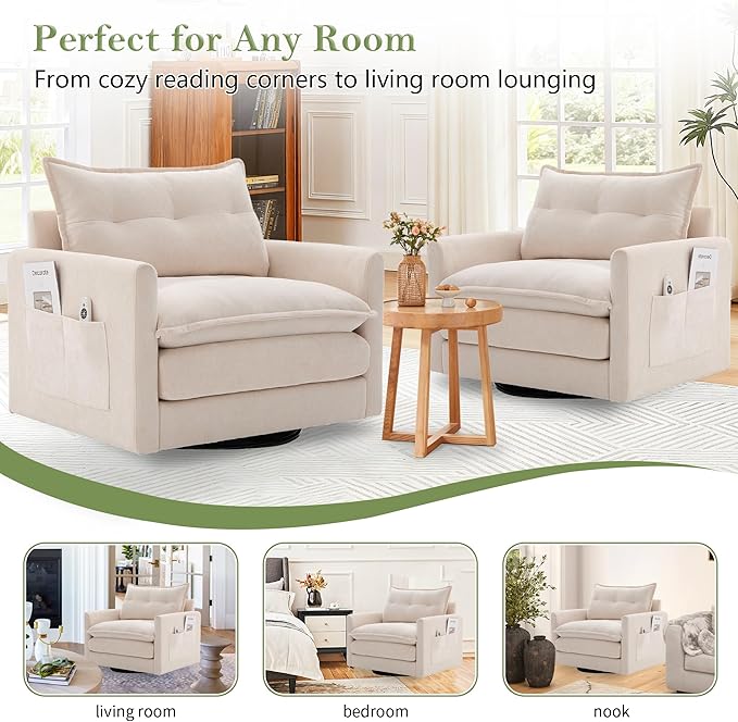 cinkehome Oversized Swivel Chair 36 Swivel Armchair Accent Chair for Living Room Mid Century Modern Thick Padded Arm Chairs Memory Foam Chenille Beige
