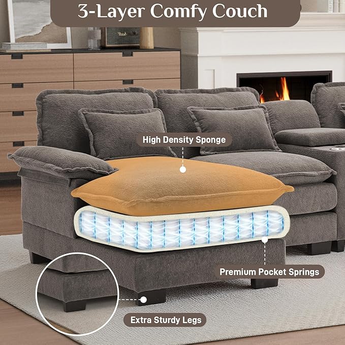133 Oversized U Shaped Cloud Couch Modular Sectional Couches for Living Room Comfy Chenille Deep Seat Sofa Set with Double Chaise Lounge Storage Central Console Cup Holders USB Port Stone Grey