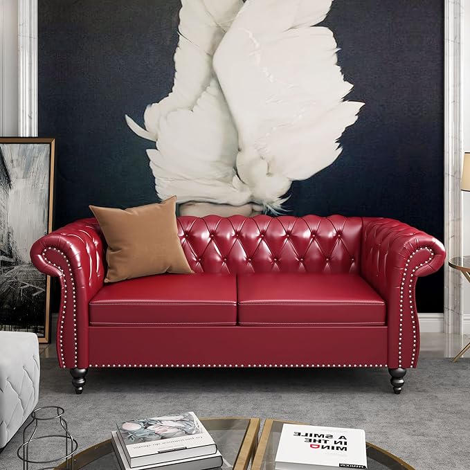 AVZEAR 2-Piece Living Room Sectional Sofa Set Upholstered Sofa Modern Sofa Couches Set Style Button Tufted PU Chesterfield Sofa for Living Room Apartment 1+2 Seat PU Claret