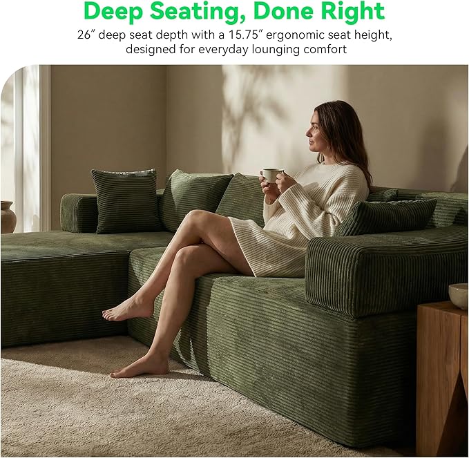 141 Modular Sectional Sofa 6-Seat U-Shaped Cloud Couch with 2 Removable Armrests &amp 6 Throw Pillows Boneless Couches for Living Room No Assembly Green | Convertible