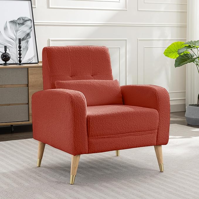 Dolonm Mid-Century Modern Accent Chair Upholstered Armchair Living Room Chair Comfy Single Sofa Chair with Sturdy Legs for Living Room Bedroom Red