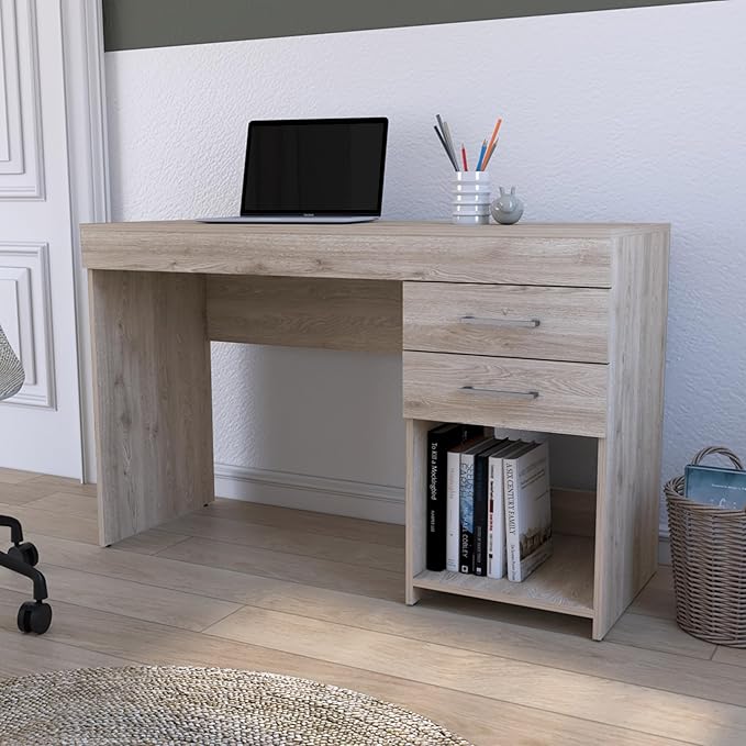 Austin Writing Computer Desk with Two Drawers and Open Shelf - Modern Home Office Desk for Small Spaces - Gray