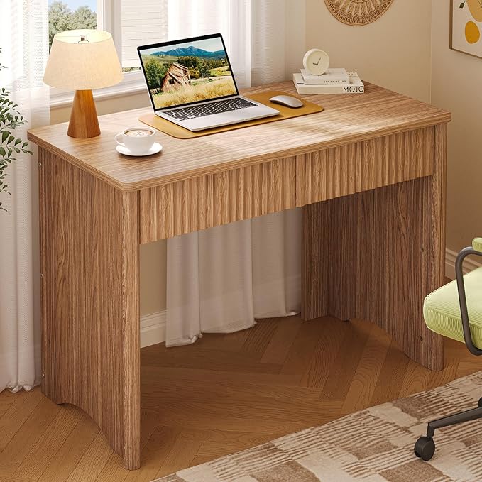 Bestier 40 Inch Fluted Wood Computer Desk with Drawers Modern Home Office Desk Compact Writing Desk Laptop PC Desk for Bedroom Studio Study Room Small Space &amp Dorm