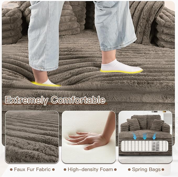 56 Oversized Chaise Lounge Chair IndoorPlush Faux Fur Sleeper Sofa Couch Bed with Pillows&ampWide ArmrestsFluffy Comfy Cloud CouchCompression Foam Couch for Living RoomBedroom(Brown)