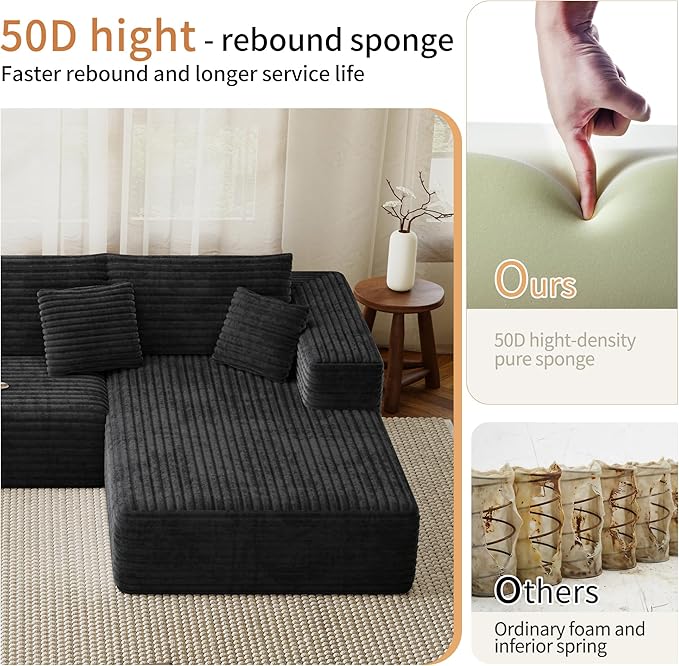 107 Modular Sectional Couches for Living Room Comfy L-Shaped Boneless Cloud Couch with Chaise Modern Deep Seat Corduroy Floor Sofa No Assembly Required (Right Facing Chaise Black) | High-density