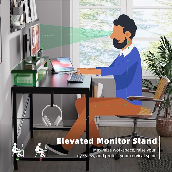Pamray 32 Inch Small Computer Desk with Monitor Stand Simple Office Desk with Headphone Hook for Small Spaces Kids Study Writing Table for Bedroom Black