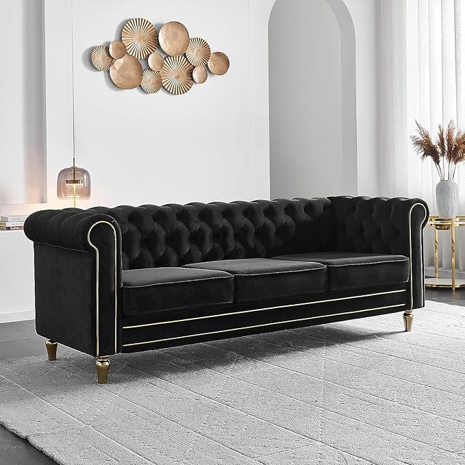 KEVINSPACE 84.64 Velvet Sofa Couch Upholstered Button Tufted 3-Seater Sofa with Curved Armrest Modern Chesterfield Curved Sofa for Livingroom Bedroom Furniture ApartmentBlack