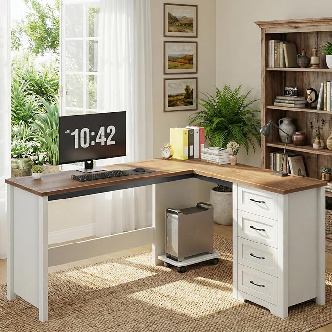 Vabches 61”Farmhouse L Shaped Executive Desk with Drawers Corner Computer Desk with Mobile CPU Stand Wood Writing Computer Desk for Work Study