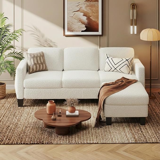 L-Shaped Sectional Sofa with Reversible Chaise Modern Boucle Upholstered Couch with Spring Cushions Comfortable Corner Sofa for Living Room Apartment &amp Small Space