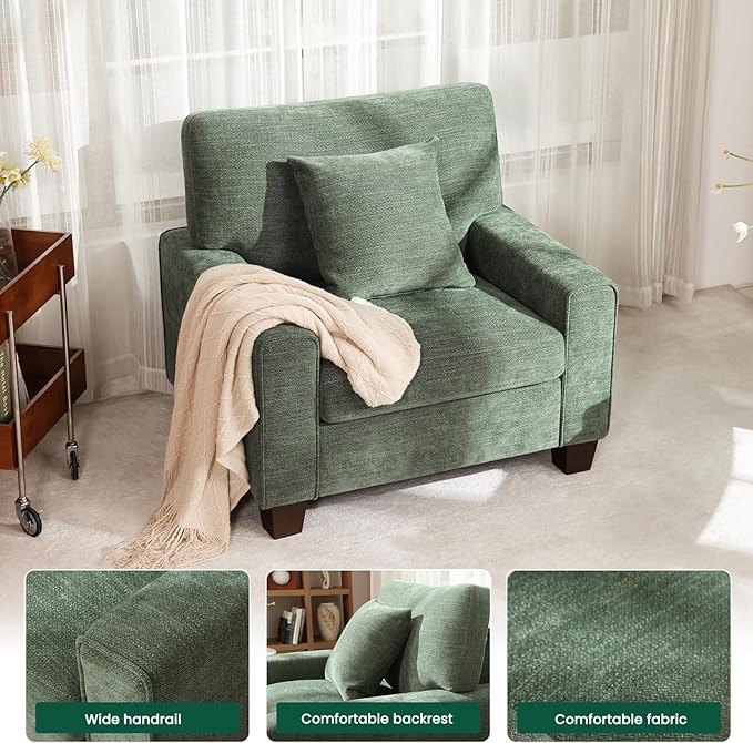 DOPEDIO Fabric Single Sofa Living Room Accent ChairDetachable Sofa Cover Comes with Decorative Pillows Spring Cushion and Solid Wood Frame Easy to Install (40inch Green)