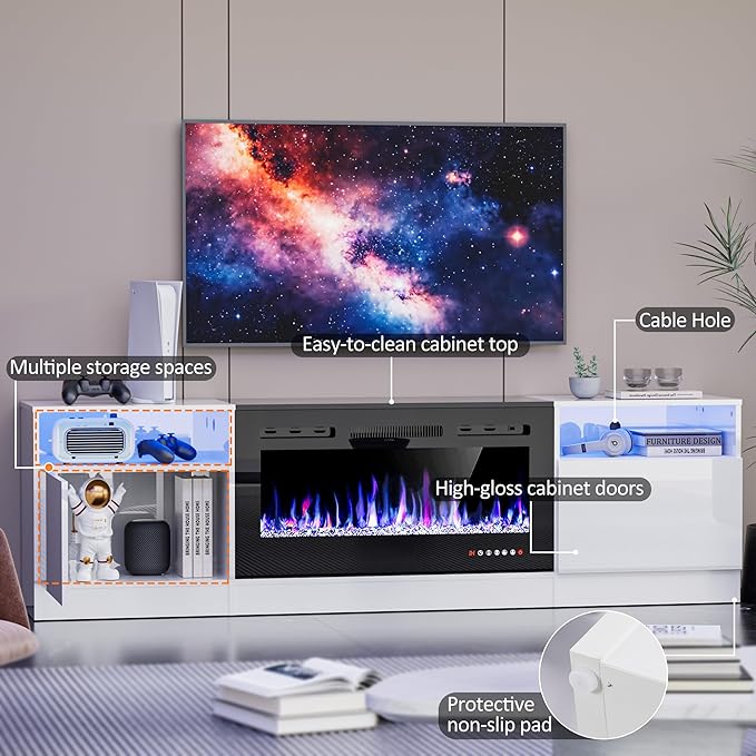 AHB Fireplace TV Stand 80 Inch LED Light Entertainment Center with 36 Electric Fireplace and Storage Cabinet Media Console Table for TVs Up to 90 Inches Ideal for Living Room