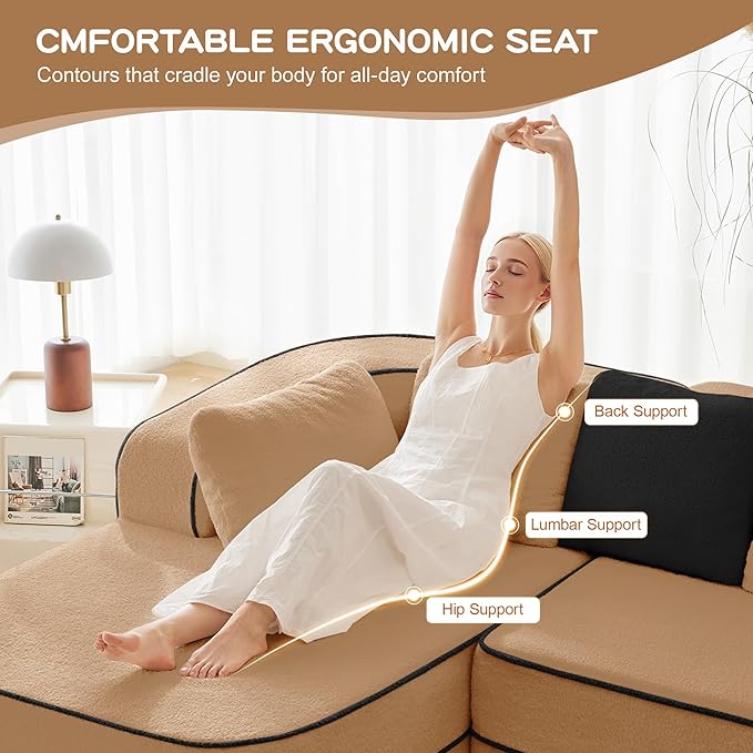 KEIKI 2Seat Modular Boneless Sectional Velvet Sofa Couch with Chaise for Living Room Apartment Living Style Conscious Homeowners Soft Plush Comfortable Cozy Relaxing Contemporary Design Camel