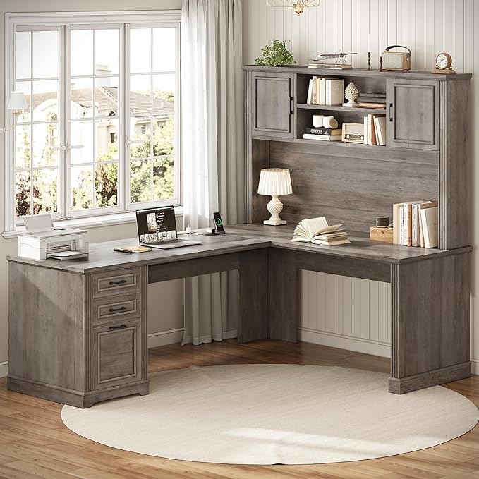 SEDETA Farmhouse L Shaped Desk with Hutch and 3 Drawers 68.9 Executive Office Desk with File Drawer and Power Outlet Corner Computer Desk with Storage Shelves for Home Office (Grey)