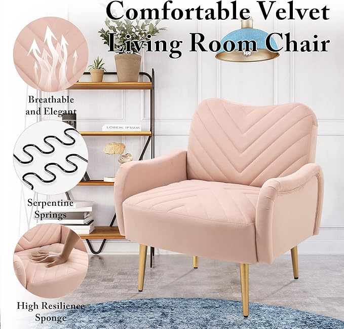 Velvet Accent Chair Comfy Upholstered Living Room Arm Chair Single Reading Sofa Chairs for Bedroom Office Small Spaces Waiting Room Furniture (Pink Chair)