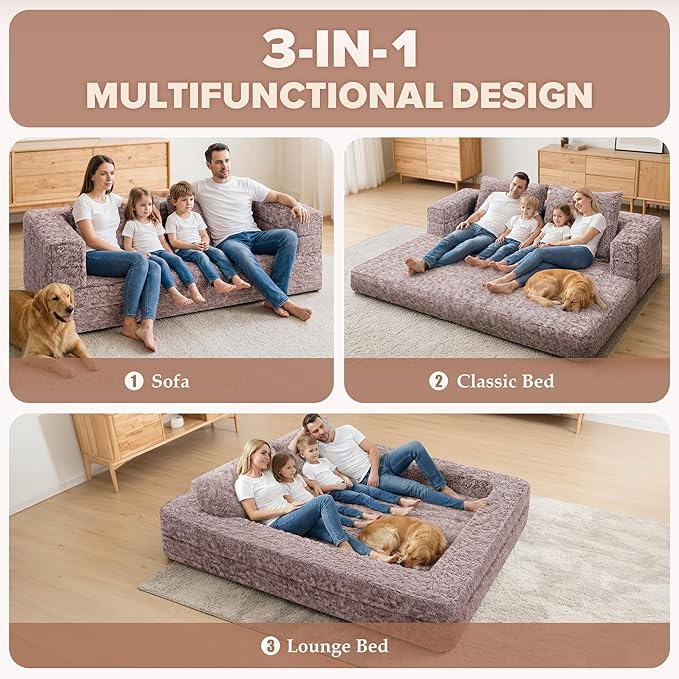 HABUTWAY Convertible Sofa Bed 3-in-1 Futon Sofa Bed with Pillow Foldable Pull Out Floor Sofa Bed with Removable Cover Plush Boneless Couch for Living Room/Bedroom/Dorm(QueenCaramel)